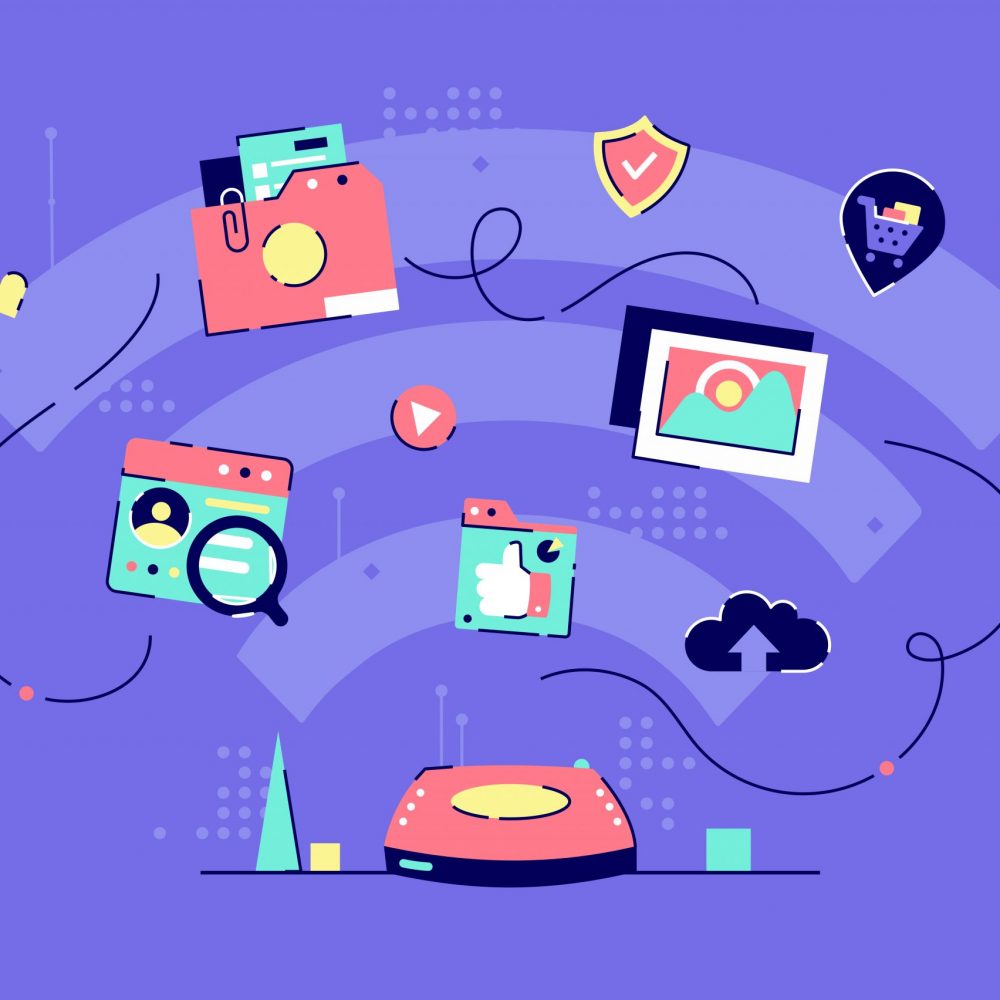 Wifi distribution icon of cloud technology, media and business. Symbol concept of modern internet shopping, online security and social network at purple background. Vector illustration.